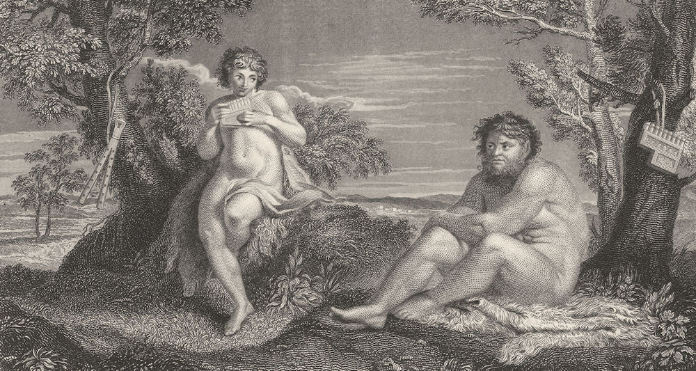 PAN TEACHING APOLLO THE USE OF THE PIPE. Annibale Caracci 1835 old print